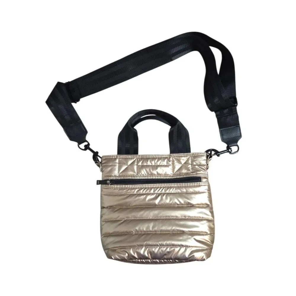 Think Royln Metallic Gold Quilted Puffer Crossbody Bag Mini Tote Handbag